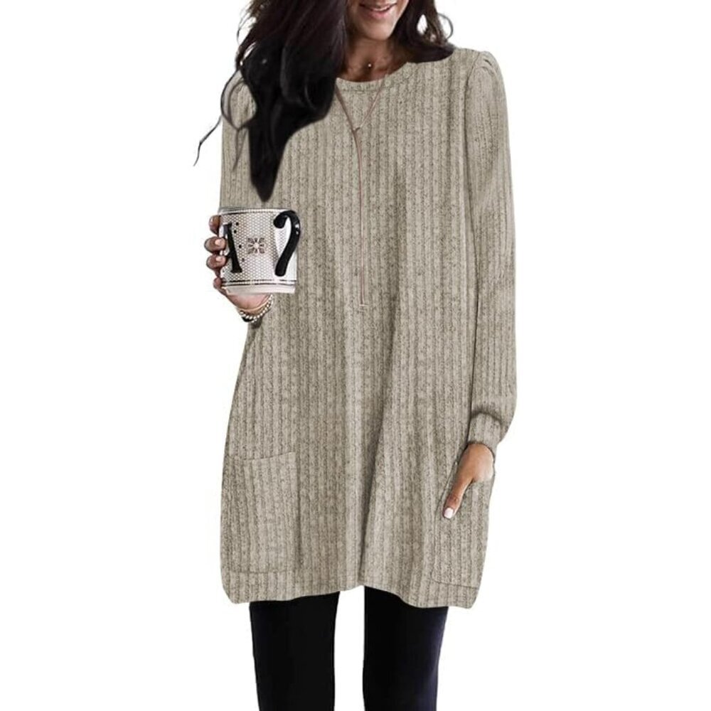 Women's Long Sleeve Ribbed Tunic Sweater - Beige